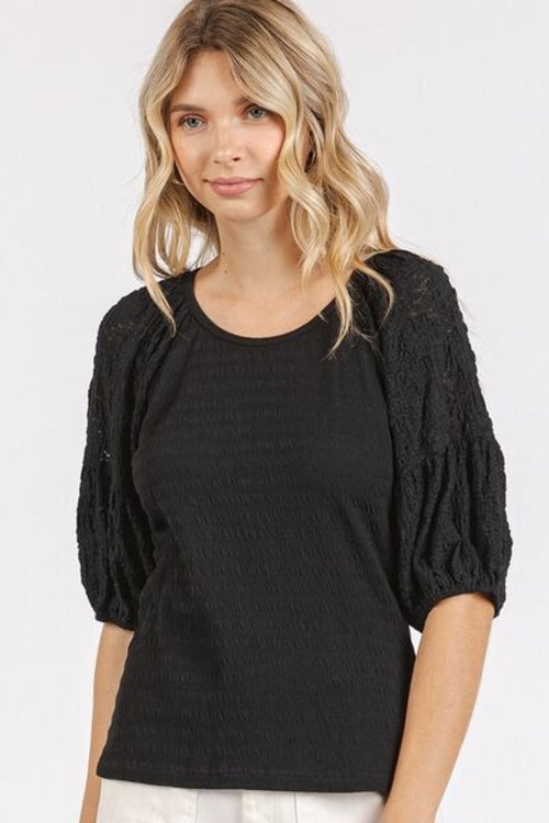 Mittoshop Mixed Media Textured Knit Popcorn Puff Sleeve Blouse