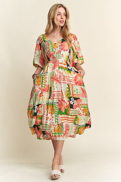 ADORA Floral V-Neck Puff Sleeve Midi Dress