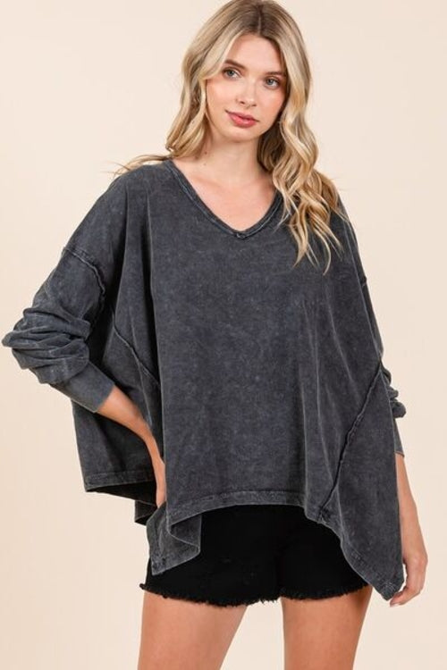 Mittoshop Mineral Wash V-Neck Long Sleeve Oversized Top