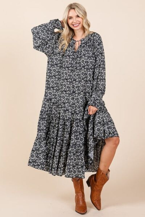 Mittoshop Printed Tie Neck Flounce Sleeve Midi Dress