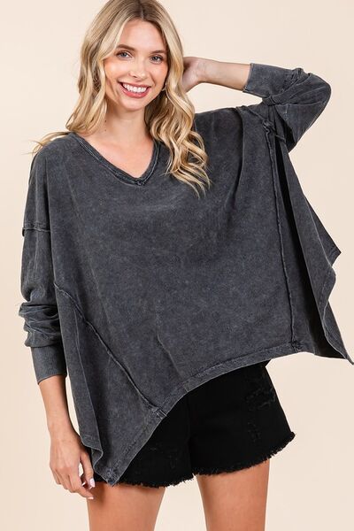 Mittoshop Mineral Wash V-Neck Long Sleeve Oversized Top