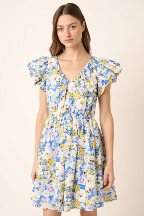 Mittoshop Floral V-Neck Cap Sleeve Mini Dress