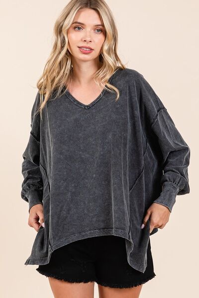 Mittoshop Mineral Wash V-Neck Long Sleeve Oversized Top