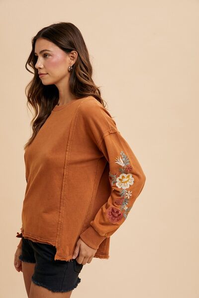 Annie Wear Embroidered Long Sleeve French Terry Top