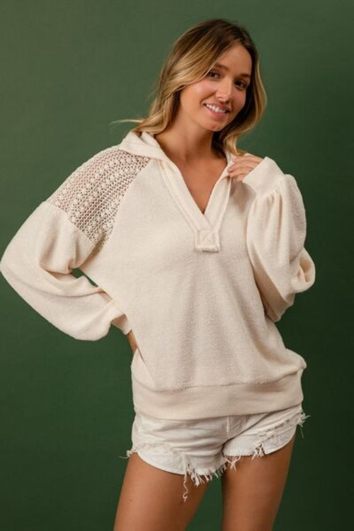 BiBi French Terry Lace Shoulder Top