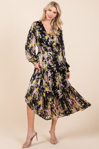 Mittoshop Flower Print Satin Lurex Stripe Smocked Midi Dress