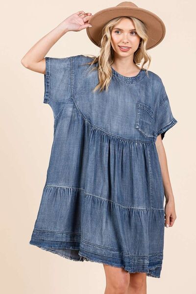 Mittoshop Washed Chambray Denim Oversized Tier Mini Dress