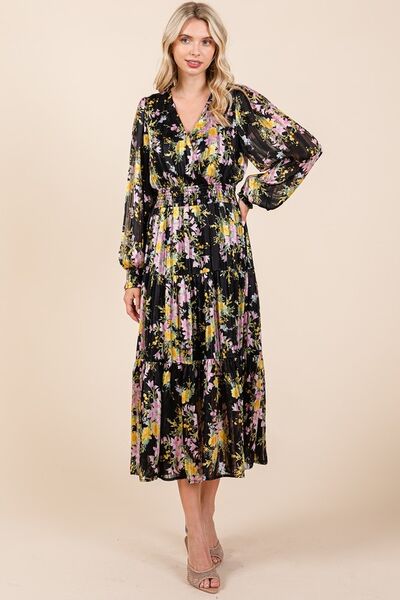 Mittoshop Flower Print Satin Lurex Stripe Smocked Midi Dress