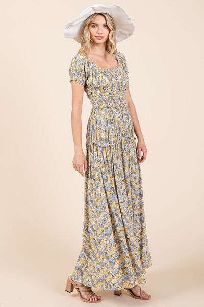 Mittoshop Flower Print Puff Sleeve Gathered Maxi Dress