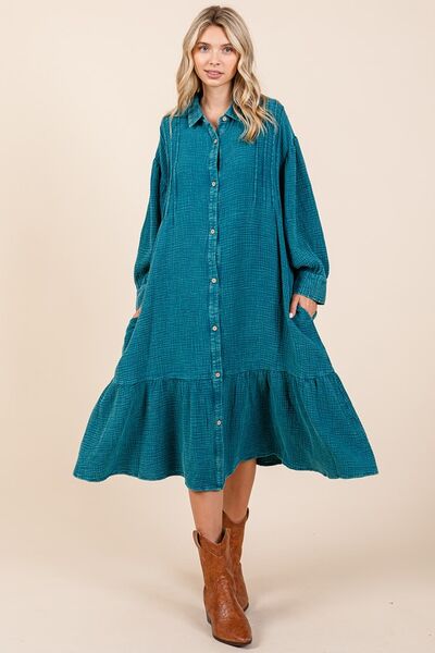 Mittoshop Mineral Wash Cotton Gauze Ruffle Midi Shirt Dress