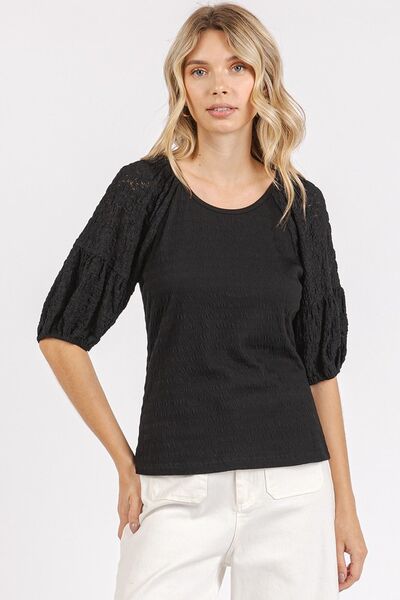 Mittoshop Mixed Media Textured Knit Popcorn Puff Sleeve Blouse