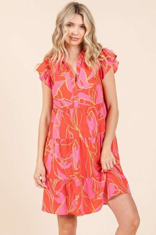 Mittoshop Leaf Print Ruffle Sleeve Tiered Mini Dress