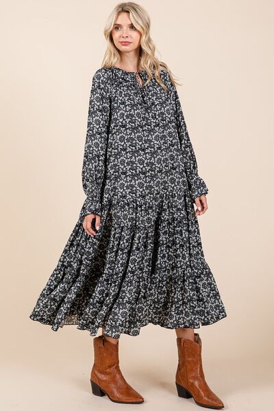 Mittoshop Printed Tie Neck Flounce Sleeve Midi Dress