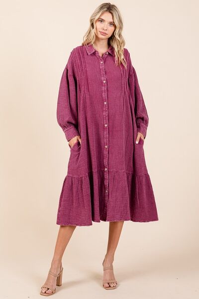 Mittoshop Mineral Wash Cotton Gauze Ruffle Midi Shirt Dress