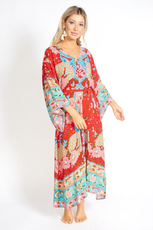 Ayaka Peacock Floral Maxi Kimono Style Dress