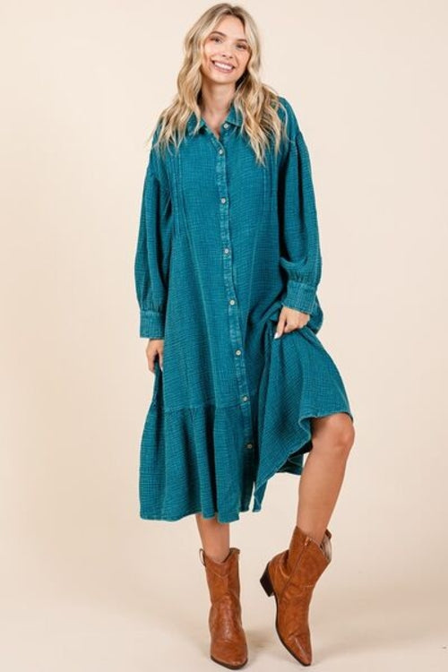 Mittoshop Mineral Wash Cotton Gauze Ruffle Midi Shirt Dress