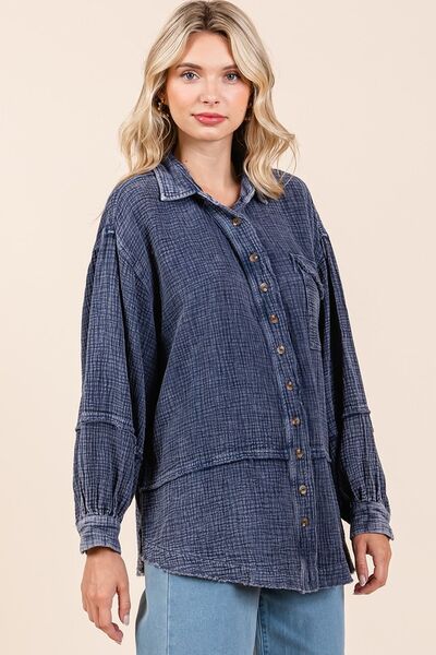 Mittoshop Textured Collared Neck Long Sleeve Shirt