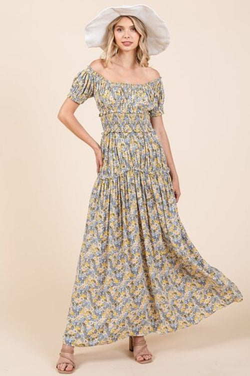 Mittoshop Flower Print Puff Sleeve Gathered Maxi Dress