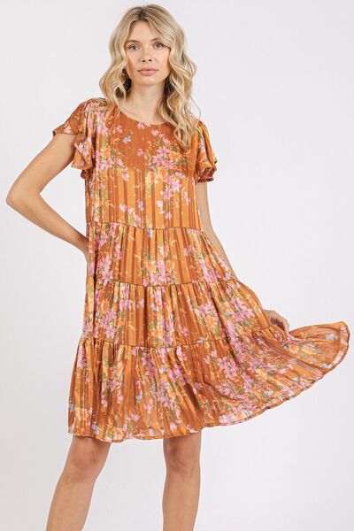 Mittoshop Flower Print Round Neck Flutter Sleeve Tiered Dress