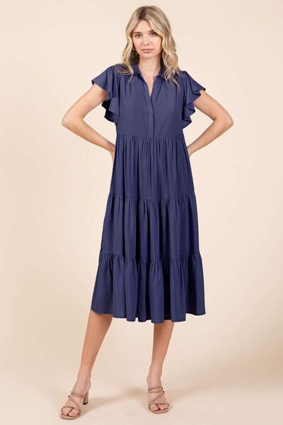 Mittoshop Ruffle Sleeve Collared V Neck Tiered Midi Dress