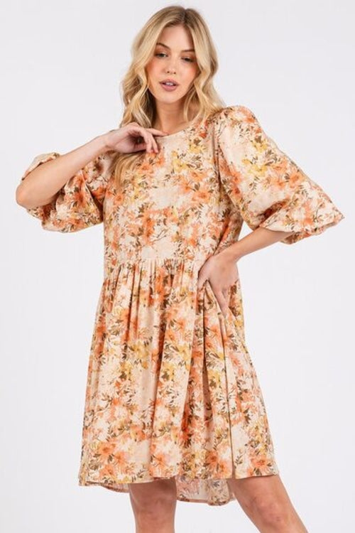 Mittoshop Flower Print Linen Blend Babydoll Mini Dress