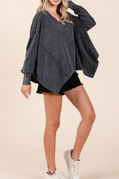 Mittoshop Mineral Wash V-Neck Long Sleeve Oversized Top