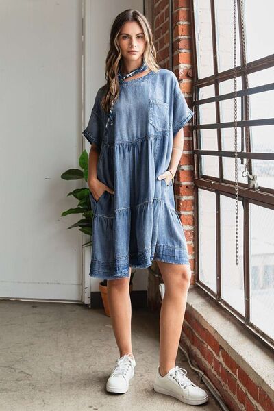 Mittoshop Washed Chambray Denim Oversized Tier Mini Dress